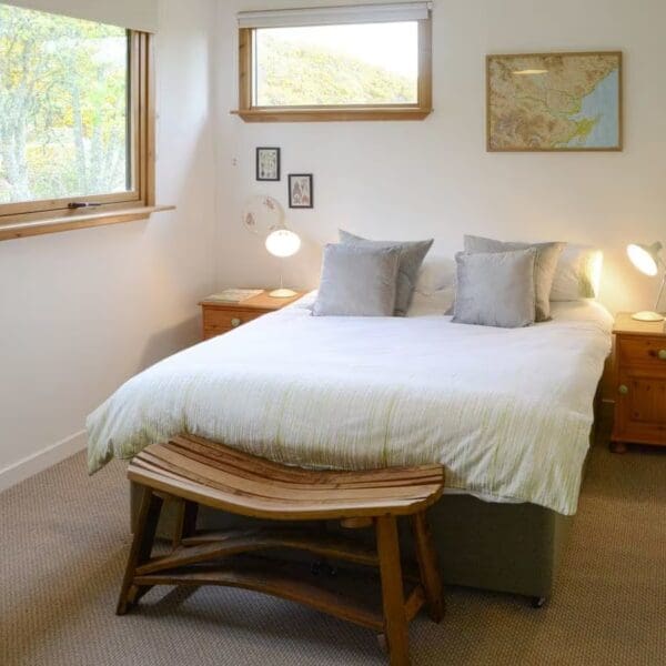 Double bedroom with cream decor and pine furniture, Wester Lonemore, Dornoch