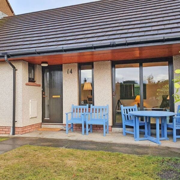 Exterior with seating area, Strathy holiday home, Dornoch