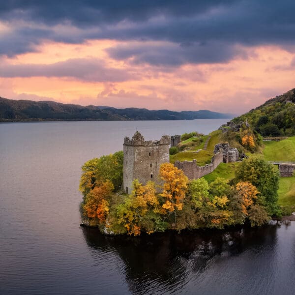 Aerial view of the impressive Urquhart Castle at the Loch Ness d