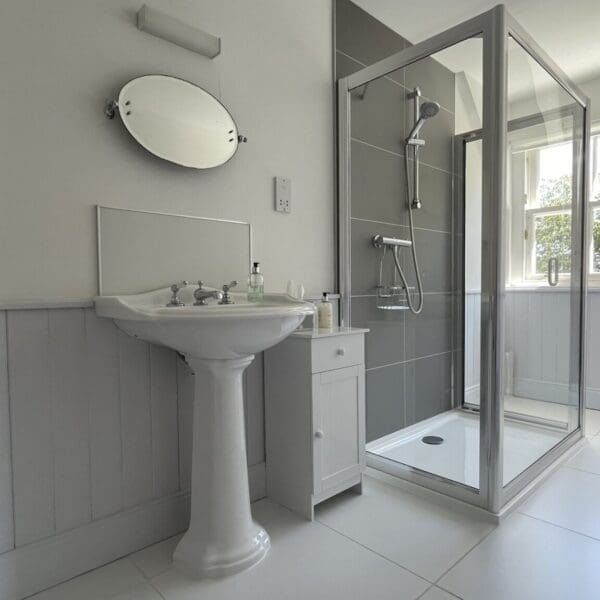 Shower room with white suite and grey tiles, Balloan House, Dornoch