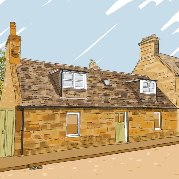Illustration of front exterior of Carnegie Cottage, Church St, Dornoch