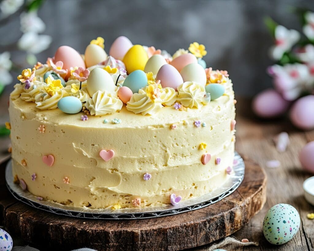 Traditional Easter cake decorated with pastel frosting and flowers 1200 x 960