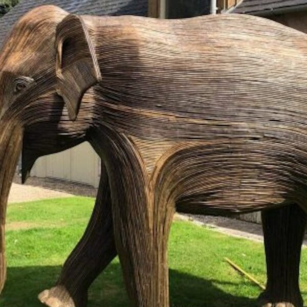 Carved wooden elephant in garden of Balloan House, Dornoch