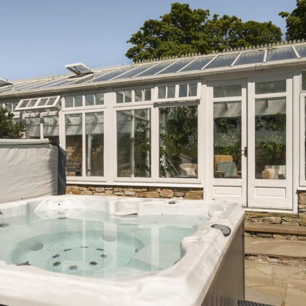 Hot tub and summer house in garden of Embo House, Dornoch