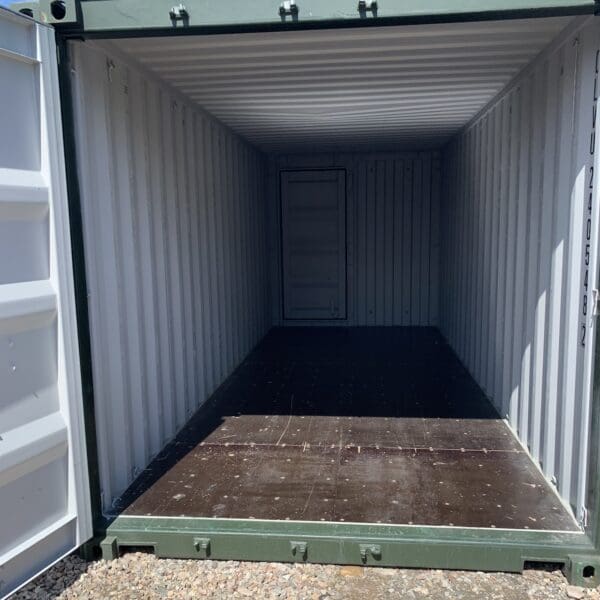 Interior view of empty shipping container, at The Meadows, Dornoch