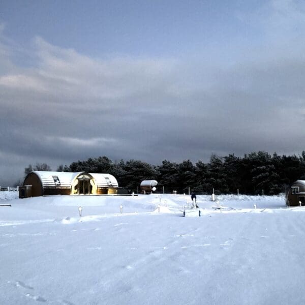 Group of wooden pod accommodation units in snow-covered field