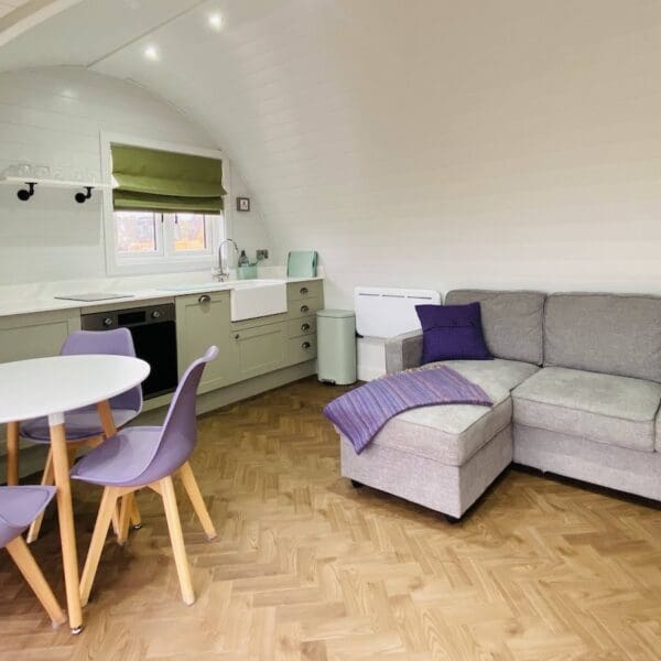 Kitchen and living area of pod accommodation unti with grey, green and purple decor