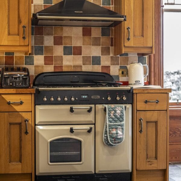 Kitchen detail with pine cabinets, white range cooker and multicoloured wall tiles