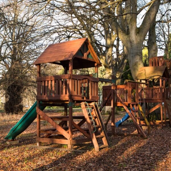 wooden children's playground equipment in woodland