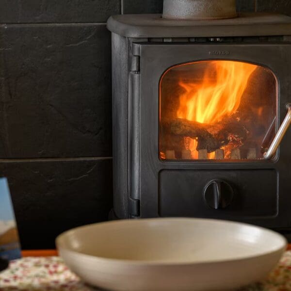 close up of wood burning stove with fire burning. Coffee table with cream bowl in foreground