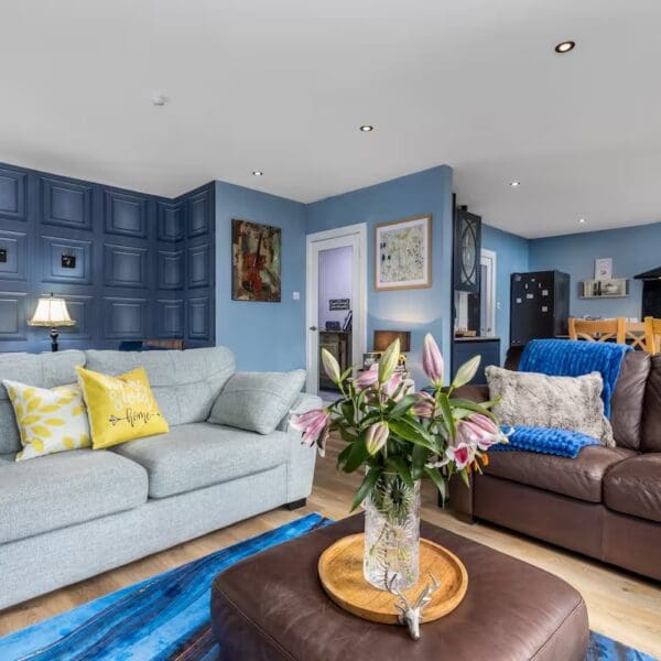 Living room with blue walls, pale grey couch and dark brown leather couch, Orcadia self catering house, Dornoch