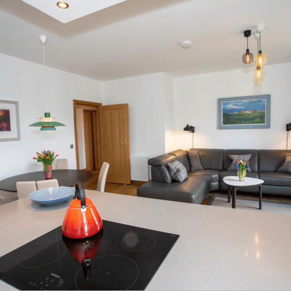 White open plan living space with white kitchen counter top in foreground, set with black ceramic hob and orange kettle. Dark grey leather couch in backround with coffee table and door leading off to corridor