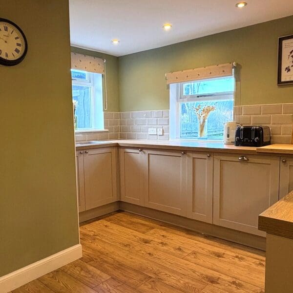 Kitchen with grey units and green walls