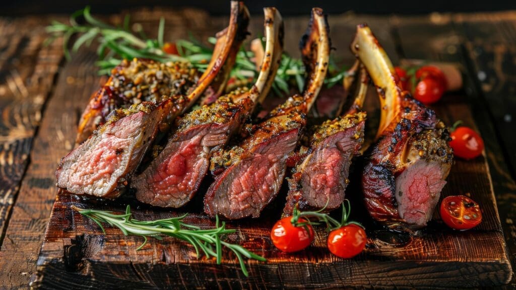 succulent rosemarycrusted lamb racks freshly cooked on rustic wooden table