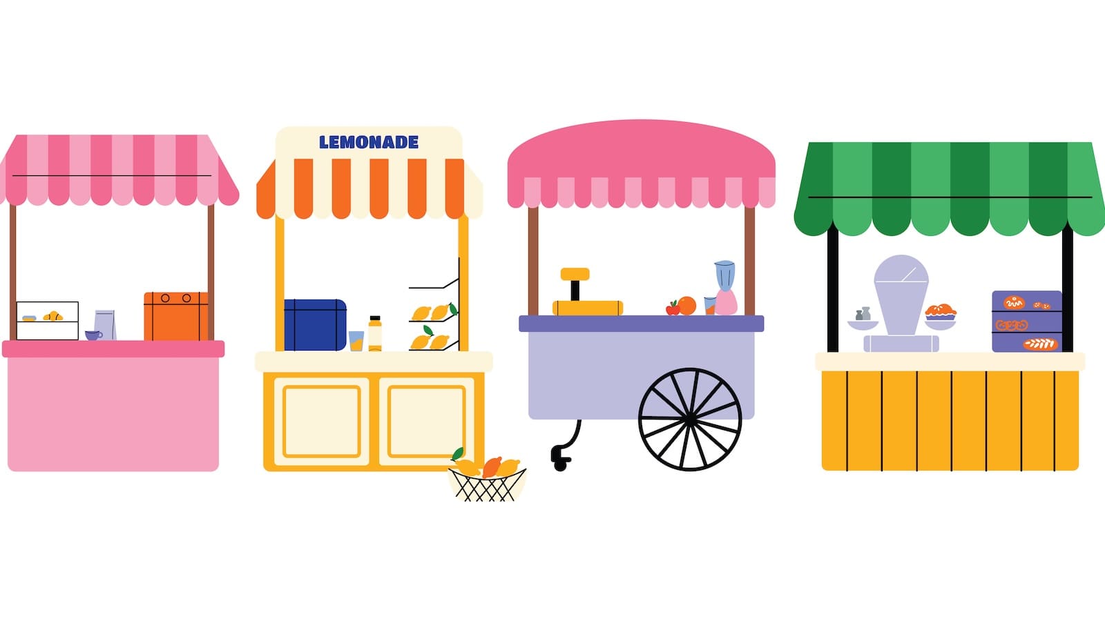 Graphic of market stalls in pastel colours