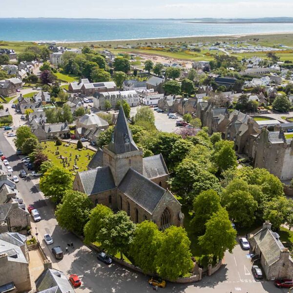 Aerial photo over town of Dornoch looking east towards sea 16x9