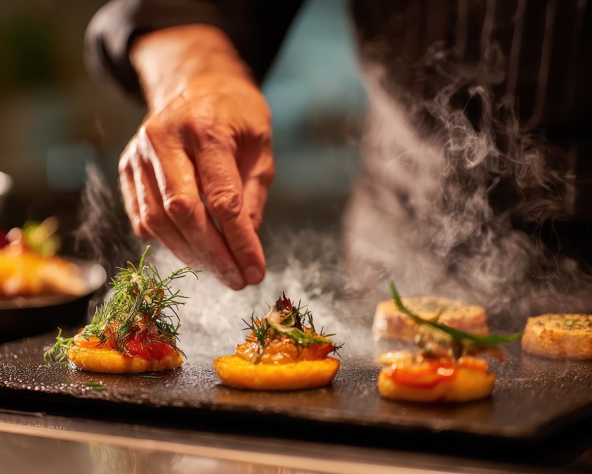 Chef expertly prepares a stunning appetizer with fresh ingredients and aromatic herbs in a modern kitchen environment during a culinary demonstration