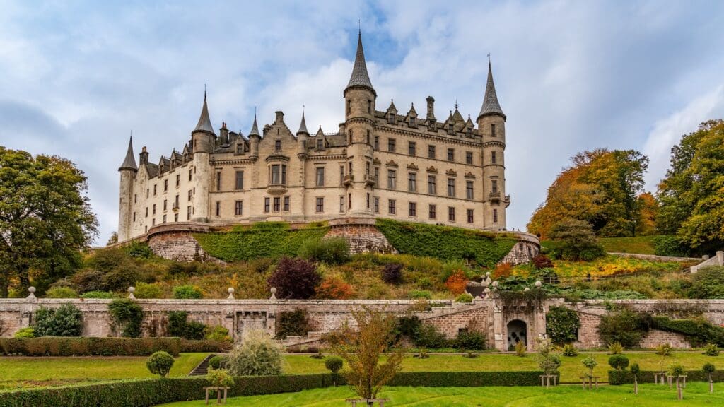 View looking up at south facade of Dunrobin Castle in Sutherland in autumn