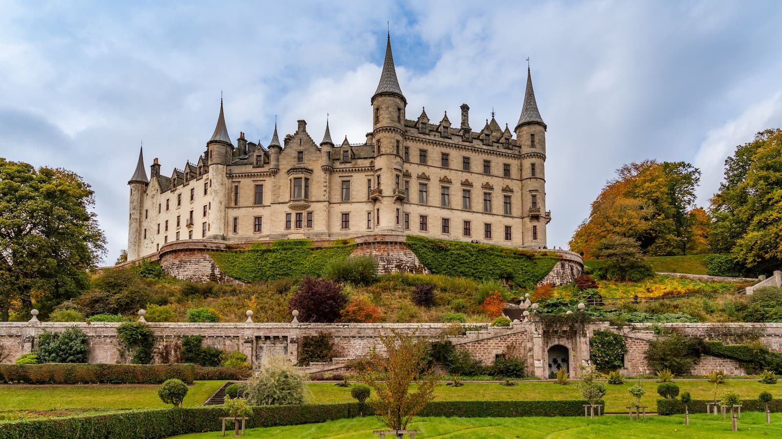 View looking up at south facade of Dunrobin Castle in Sutherland in autumn