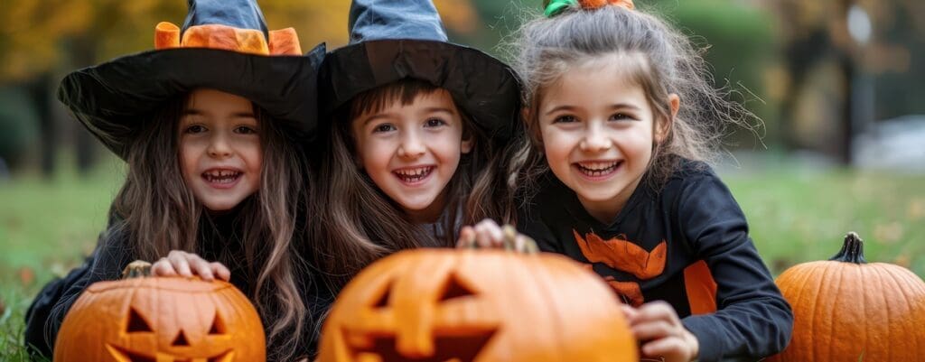Three smiling children in witch hats are playing with carved pumpkins in a park filled with autumn leaves.