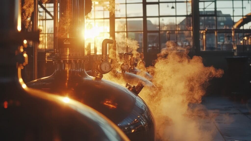 Close up of steaming copper whisky stills in foreground with window in background