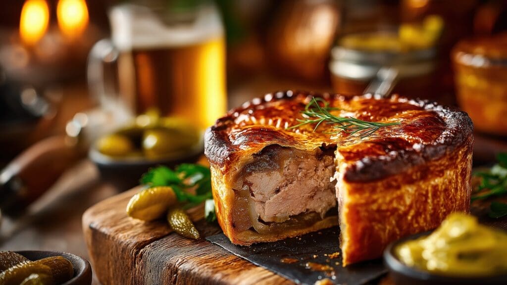 Sliced pork pie reveals savory filling beside mustard, pickles, and pint of ale