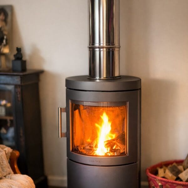 Modern style wood burning stove with lit fire