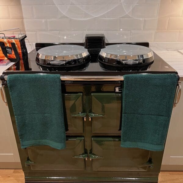 Close up of green Aga range cooker