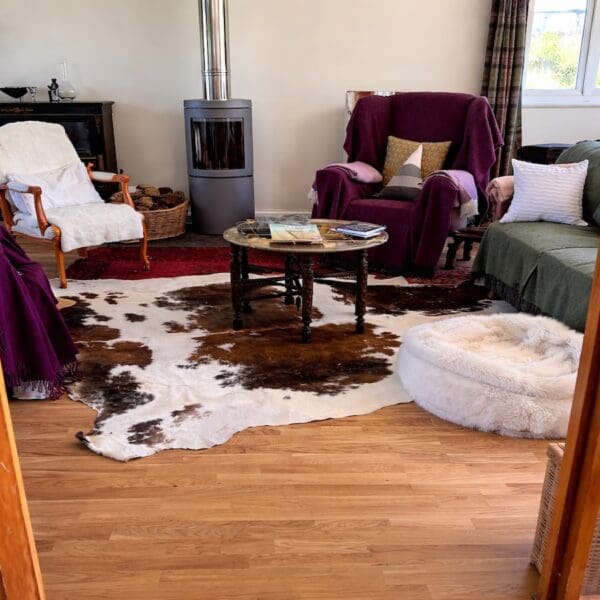 Living room with modern round-style wood burning stove, light wood flooring, armchairs set around white and brown skin rug