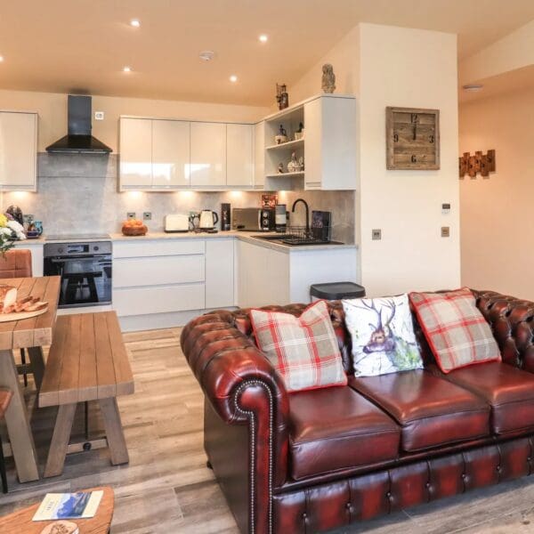 open plan living, dining, kitchen area with pale grey kitchen units, wooden dining table and bench seats and dark leather chesterfield style sofa