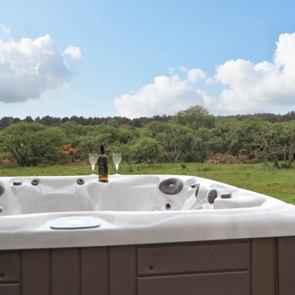 Hot tub filled with water with bottle of wine and two glasses sitting on side, overlooking grass field and woodlands