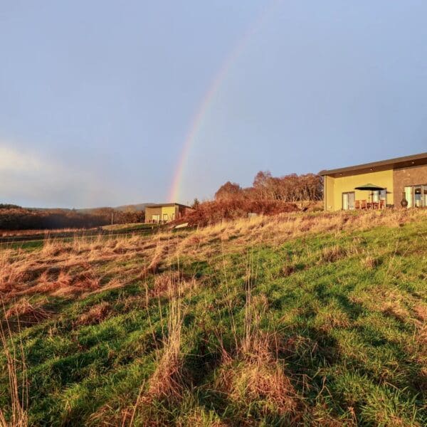 two modern built single story wooden buildings in grass field with clear blue sky and rainbow