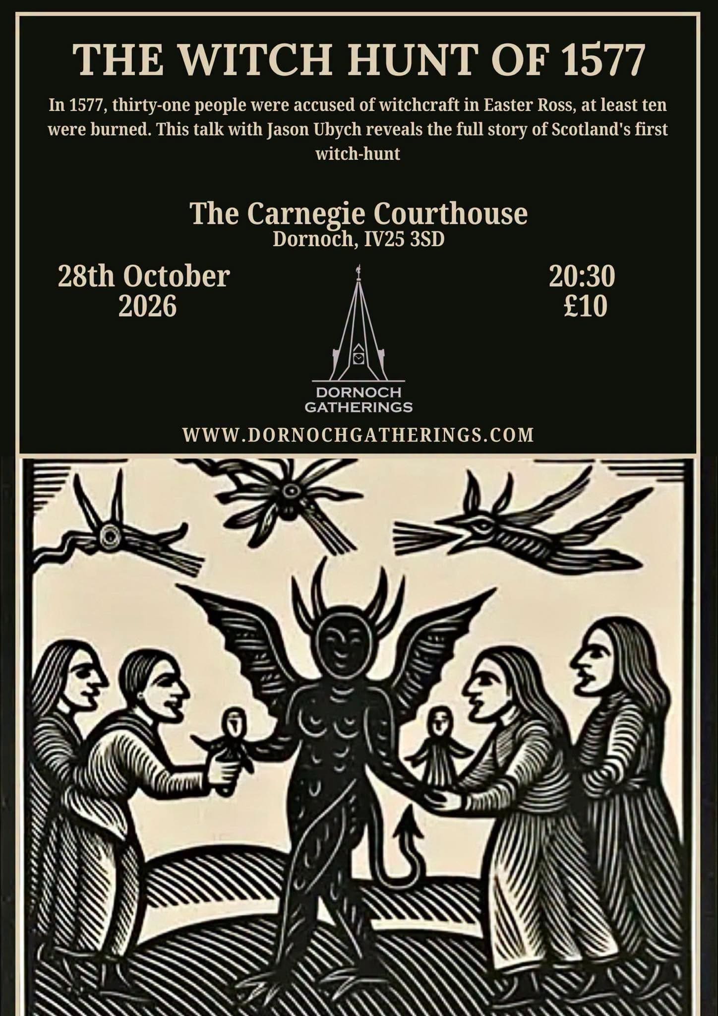 Poster for Witch Hunt talk featuring a woodcut of a demon surrounded by people