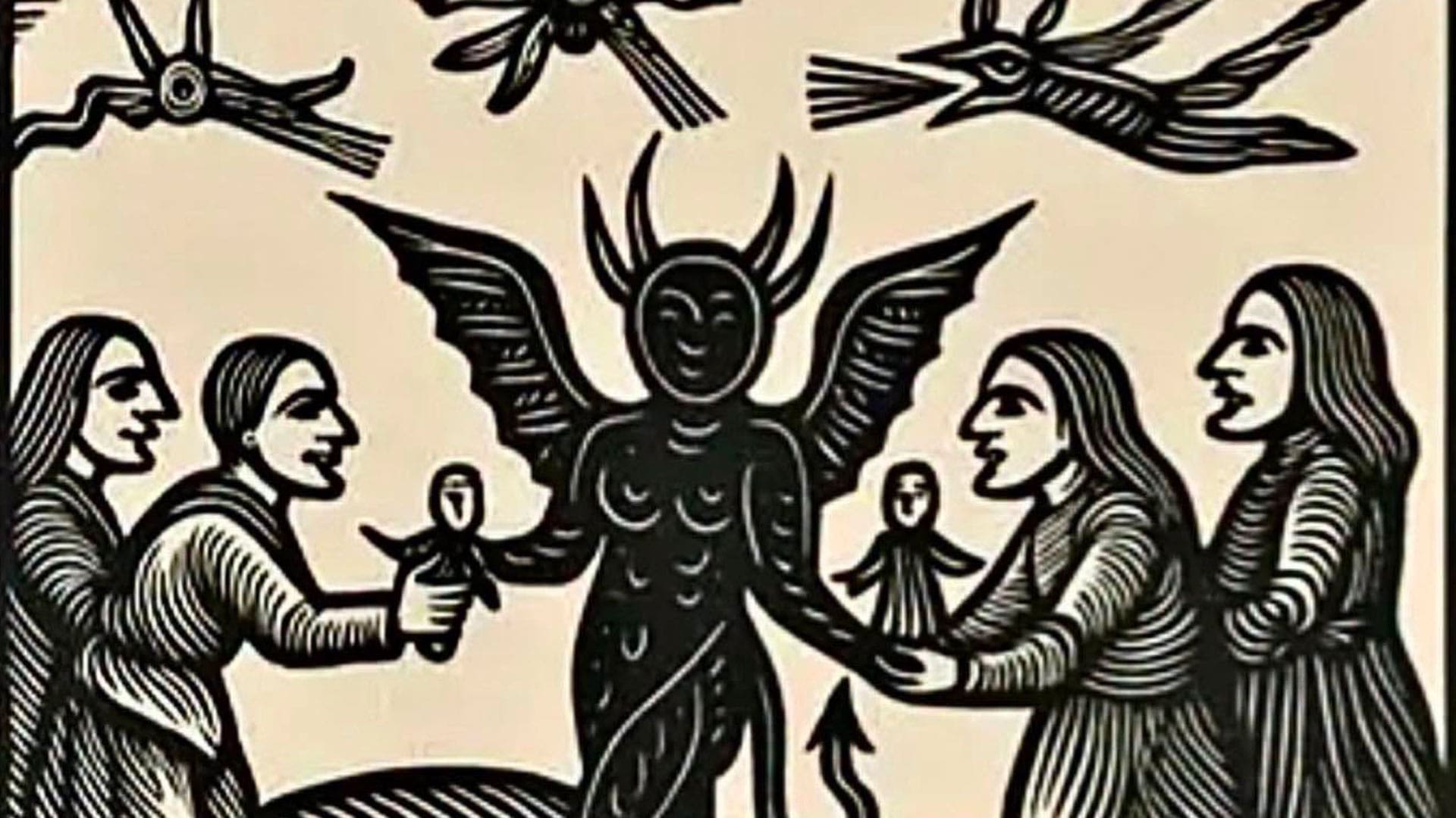 A woodcut of a demon surrounded by people